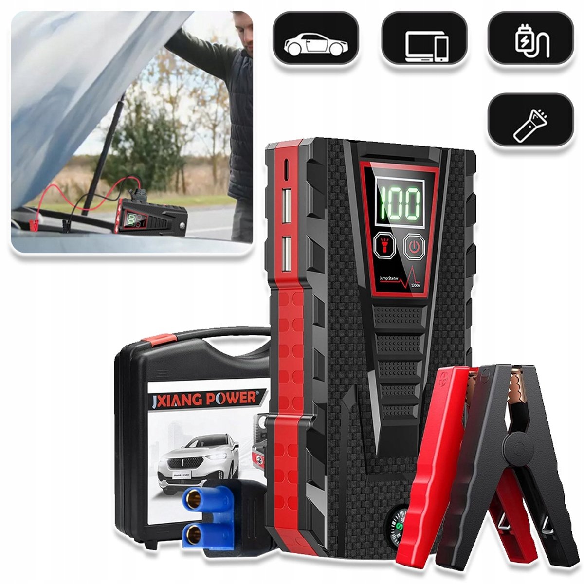 Startbooster Powerbank 99800mAh - 12V Jumpstarter met Rescue LED Zaklamp (Continu/Knipper/SOS) - Dual USB Snelladen - Voor 3.0L Benzine 600A Startstroom 800A Piek