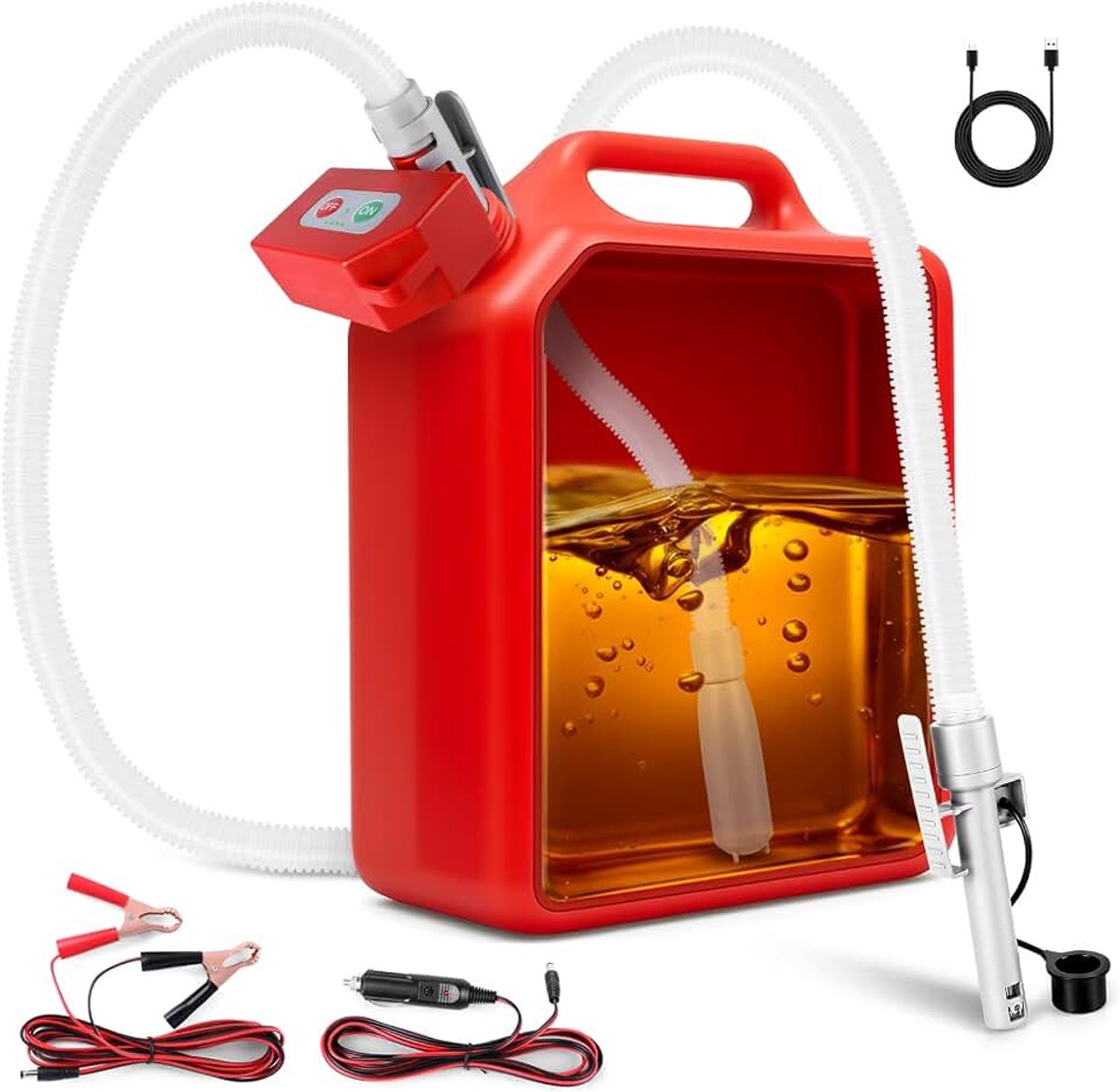Transferpomp, brandstofpomp, automatische uitschakeling, dubbele stroomvoorziening (USB-C/AA), benzinepomp, handpomp, dieselpomp 2,4 GPM met 72 inch slang voor benzine, diesel en water