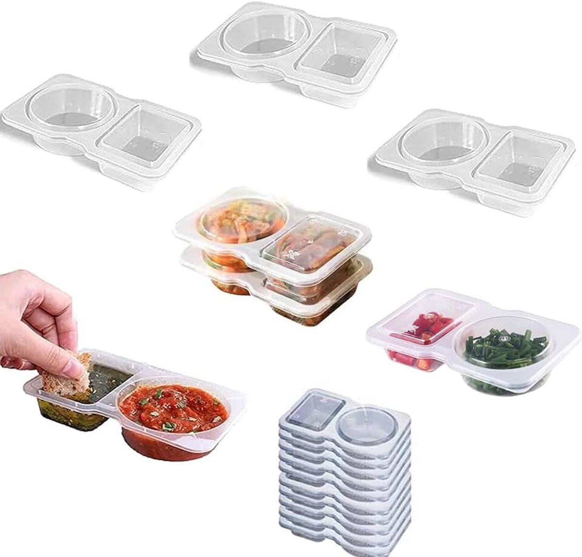 Kruidenpotjes met deksel, 10 stuks, 10 ml, dubbele vakken, kunststof containers, kruidenhouder, draagbare dispenser voor dips, saus, reizen, snacks (10)