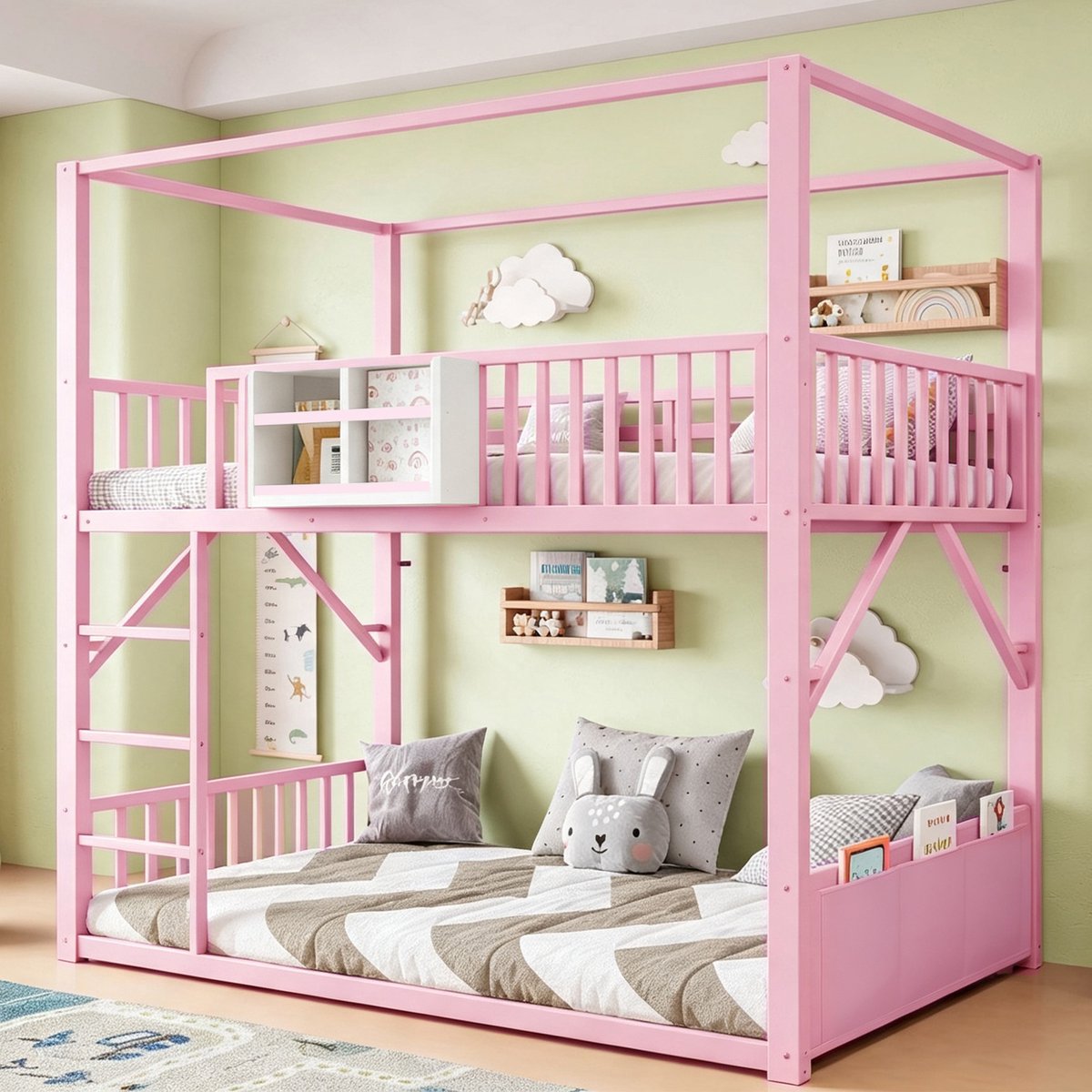 Zubaliya Kinderbed, Metaal stapelbed 90 x 200 cm voor kinderen en tieners, ruimtebesparend eenpersoonsbedframe met dakconstructie, modern kinderstapelbed roze