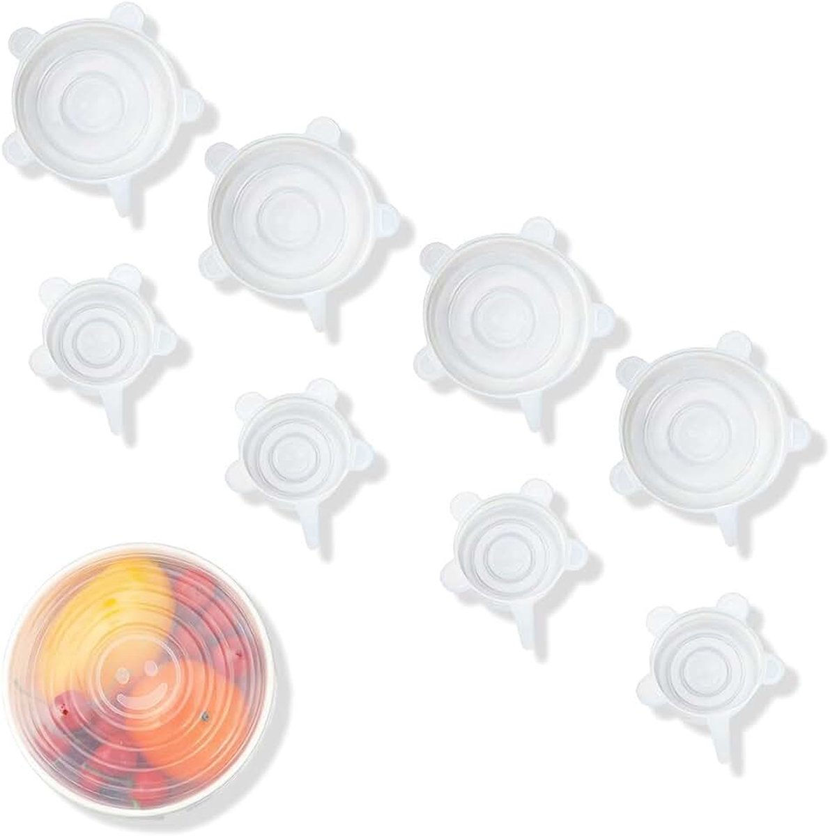 Siliconen deksels, 8 stuks, rekbaar, rekbare siliconen deksels, universele siliconen deksels, transparant, voor containers, fruit, kommen, bekers