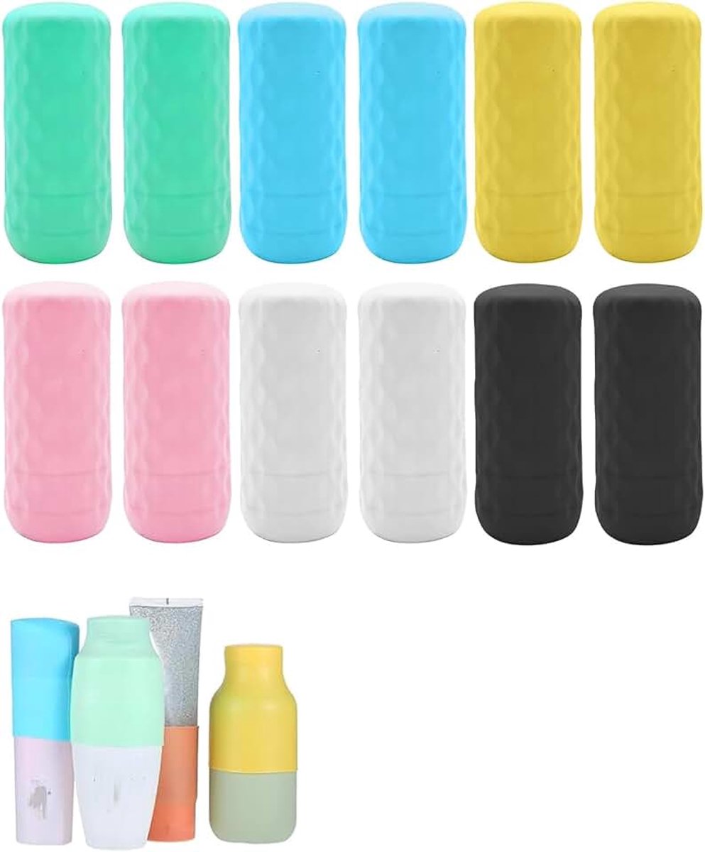 12 x lekvrije siliconen hoezen voor reisflessen, vloeistofdicht deksel, vaatwasmachinebestendig, herbruikbaar, 6 kleuren, voor shampoo, douchegel en oliën