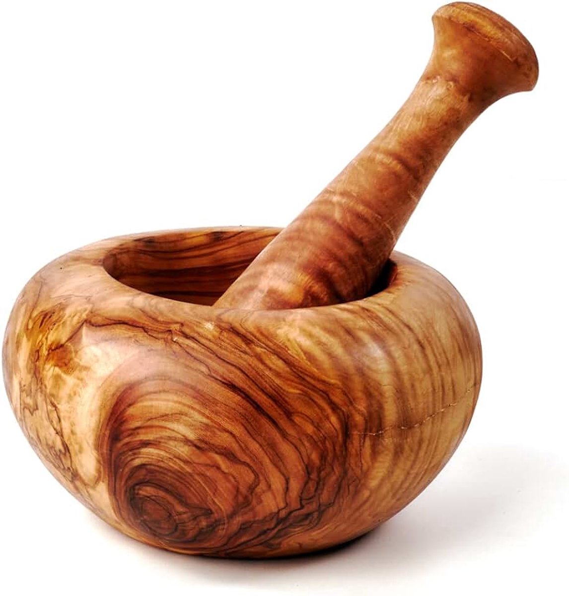 Vijl en stamper ronde vorm van olijfhout (8 cm)