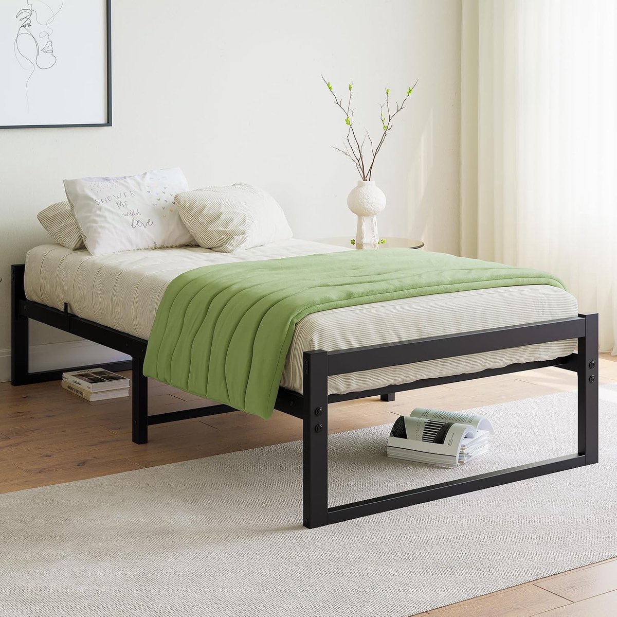 90 x 200 cm, bedframe met lattenbodem van metaal, 90 x 200 cm met opbergruimte, 32 cm hoog, logeerbed, tweepersoonsbed, geen boxspringbed nodig, zwart bedframe