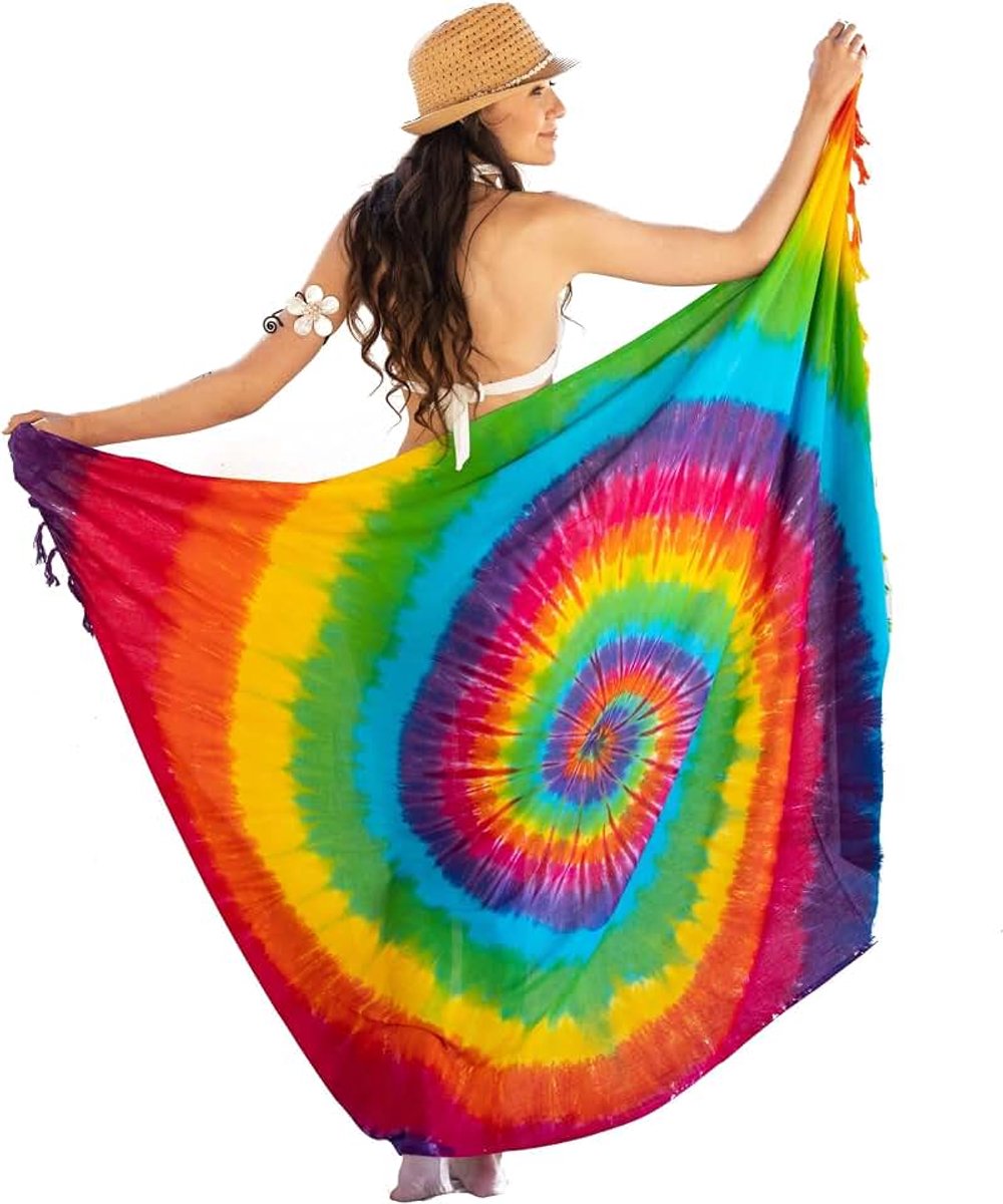 Dames met saronghouder pareo wikkeldoek handdoek jurk wikkelrok dames strandlaken XXL doek mannen pareo dame strandhanddoek dame spiraal regenboog, werveling regenboog, 165x110cm
