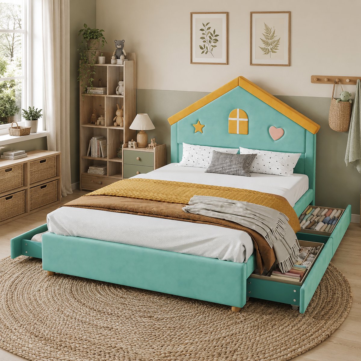Zubaliya Kinderbed 140x200 cm huisbed gestoffeerd bed in blauwgroen, kinderbed met 4 lades, opbergbed voor kinderkamer, tienerbed met Frans fluweel, gestoffeerd bed met huis-hoofdeinde