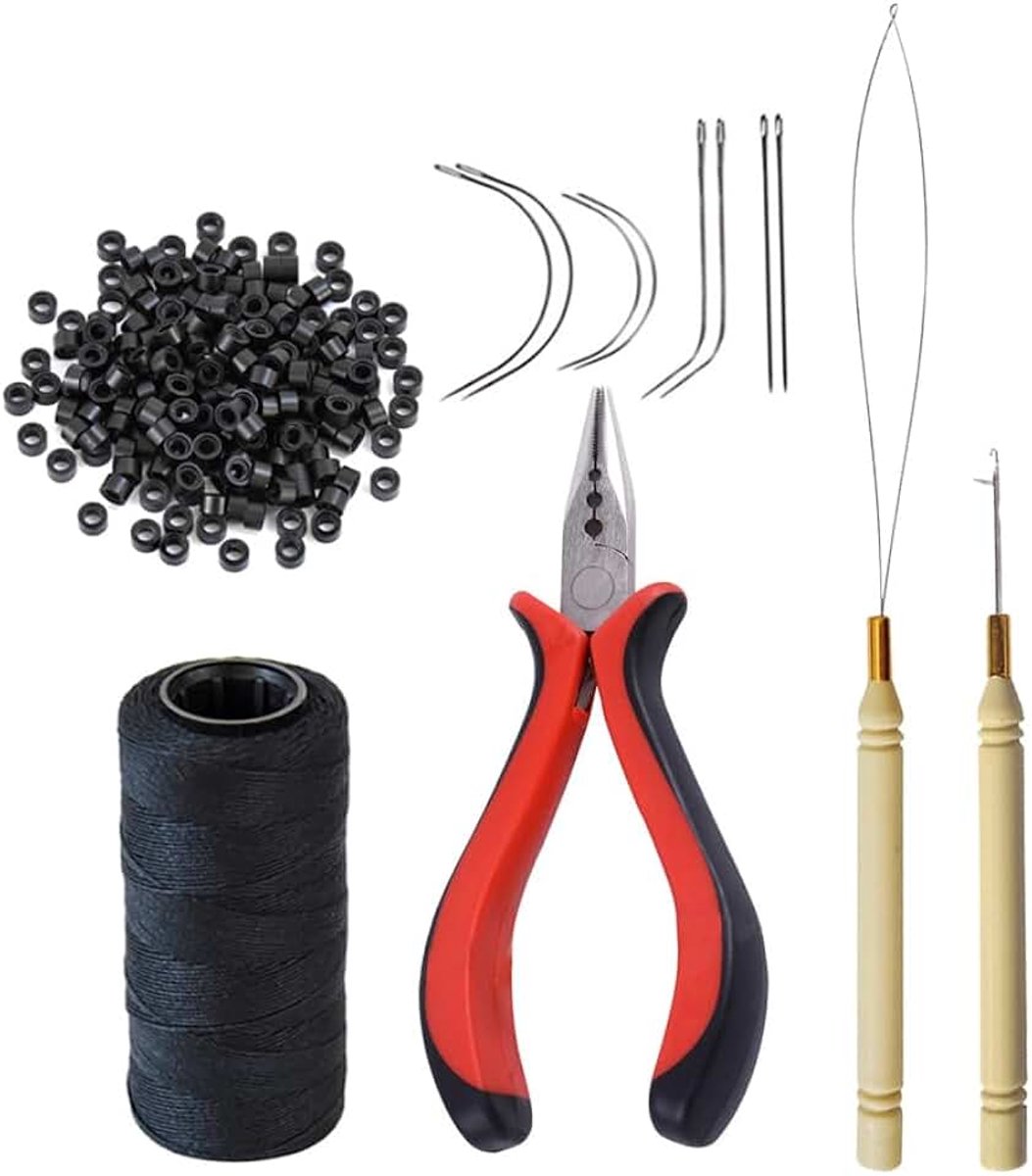 Haarverlenging gereedschap Kit: 200 stuks 5.0mm silicone microringen klem met 3 gaten 1 naaiddraad van rollen 1 trekhaak 1 ringnaald en 8 naaidnaalden(zwart)