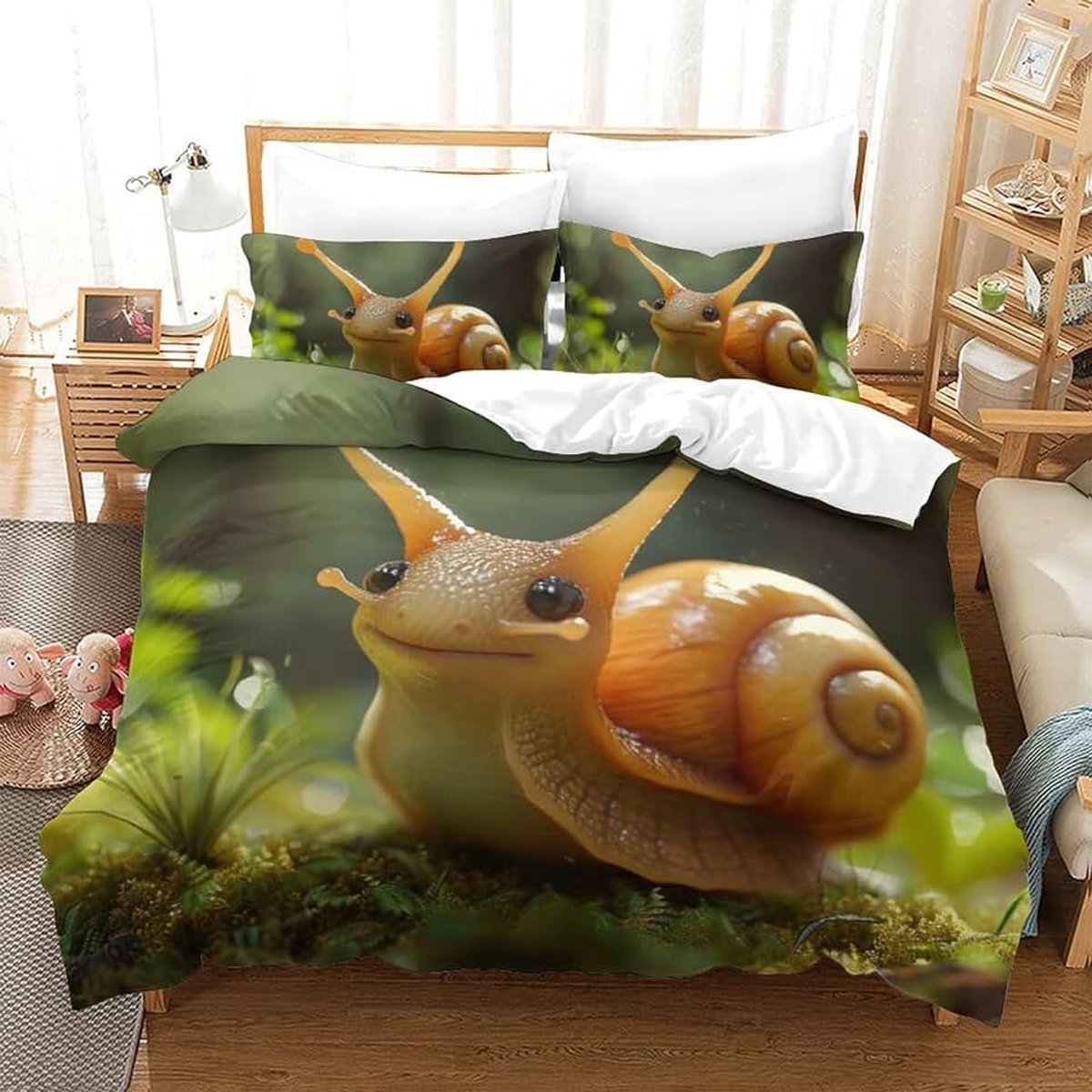 Dekbedovertrek met schattige slakken, kinder- en volwassenen, 3D-beddengoed, zachte microvezel, 3-delig, met kussensloop en ritssluiting, tweepersoons (200 x 200 cm)