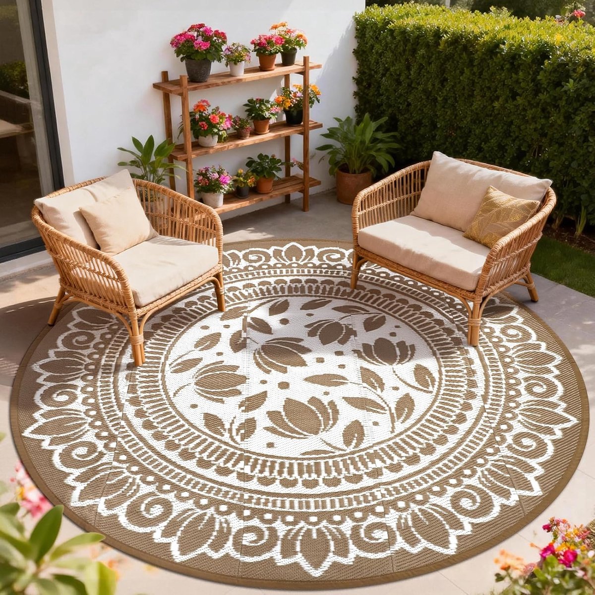 Tapijt, rond, zwart, 180 cm, boho, weerbestendig, omkeerbaar buitentapijt, kunststof terrastapijt, uv-bestendig, balkontapijt, voor camper, camping, terras, strand, tuin, picknick