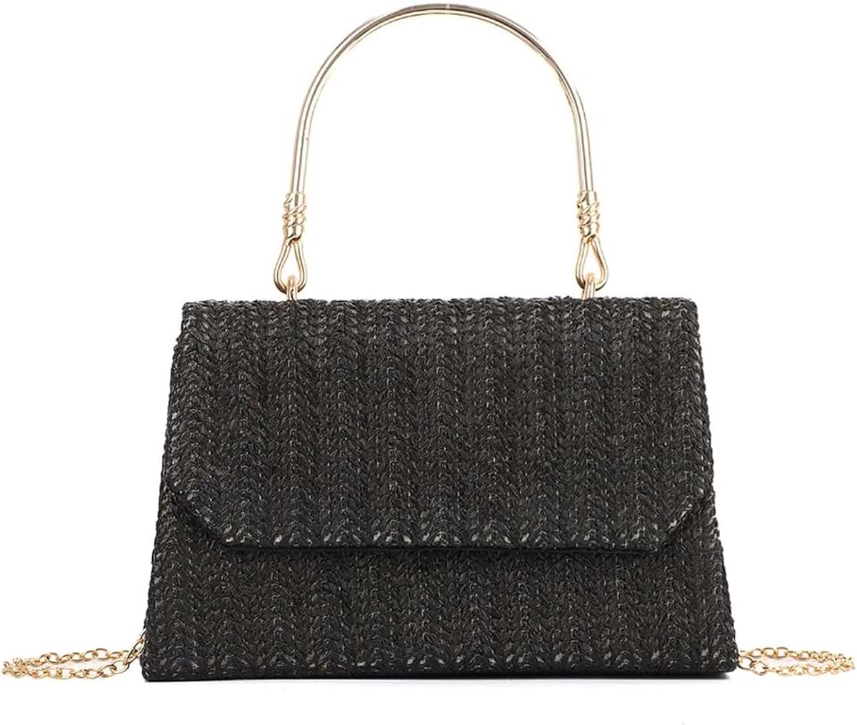 Dameshandtas van geweven stro met handvat en schouderriem, boho-chique tas voor zomer, strand, vakantie en casual look