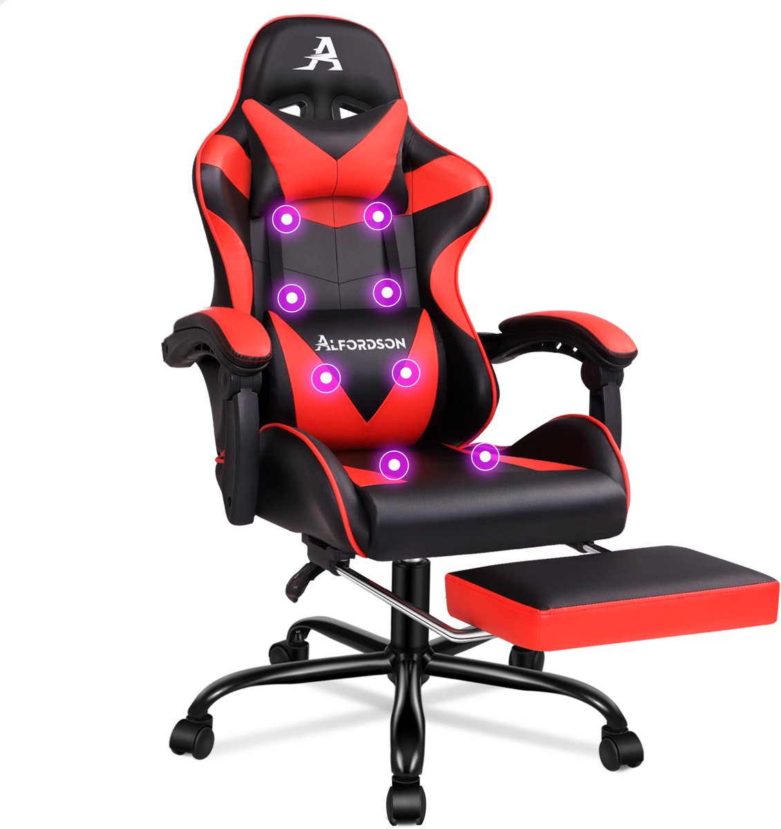 ALFORDSON Gamestoel, Gamingstoel met uitschuifbare voetsteun, Racestoel met 8 massagepunten, 150° kantelbaar, Ergonomische directiestoel, PU-leder, hoogteverstelbaar, draagkracht 180 kg, Rood