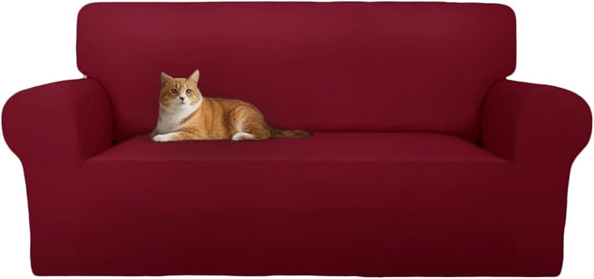 Bankhoes voor 2 Zitplaatsen (130-190CM) met Armleuningen, Velours Elastische Krasbestendige Bankhoes voor Katten, Universele Bankhoes, Super Zacht en Comfortabel - Bordeaux