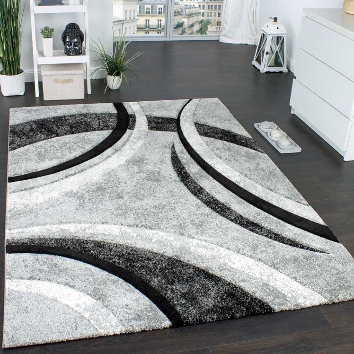 Home Designervloerkleed Met Contoursnede Patroon Gestreept Grijs/Zwart/Crème/Gemêleerd, Maat:160x230 cm