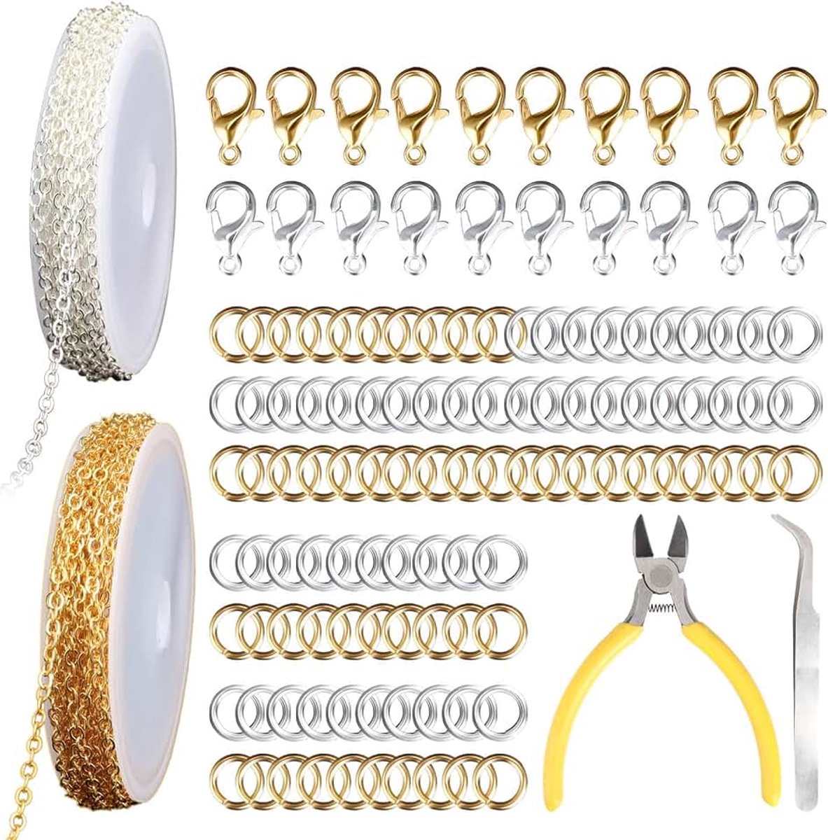 124 stuks kettingen voor het maken van sieraden, geplateerde ketting met karabijnhaak, ketting, doe-het-zelf halsketting met springringen, schakelketting met clips, voor kreeft, 5 m (rol, 2 x 3