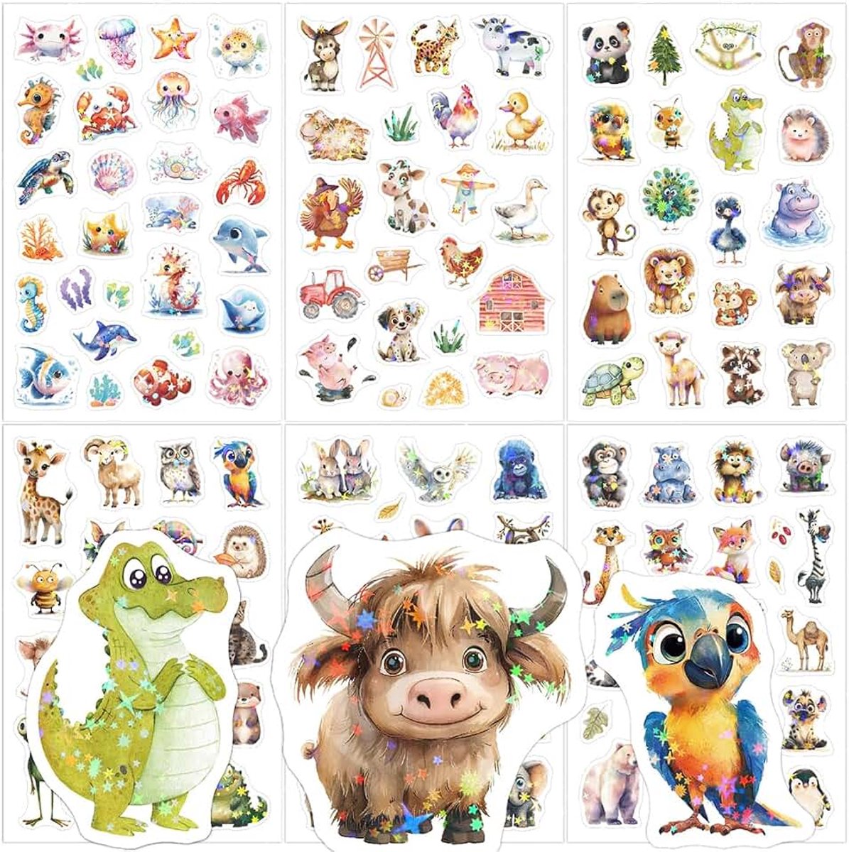 6 vellen dierenstickers, stickers kinderen, glitterstickers, kinderen, illustratie dierenstickers, beloningsstickers, waterdicht, voor laptop, waterfles, fiets, koffer, scrapbook, fotoalbums