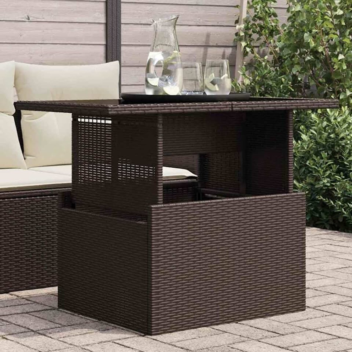 Tuintafel met glasplaat bruin 100x55x73 cm poly rotan | In hoogte verstelbaar, salontafel tot eettafel, gepoedercoat stalen frame, voor terras