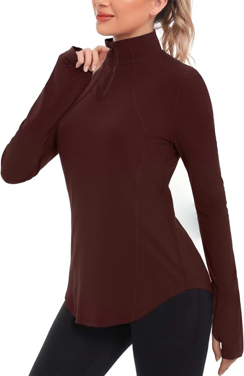 Sportshirt voor dames, lange mouwen, 1/4 ritssluiting, functioneel shirt, sportshirt, UPF 50+ T-shirt, lange mouwen met duimgat, licht, ademend, loopshirt