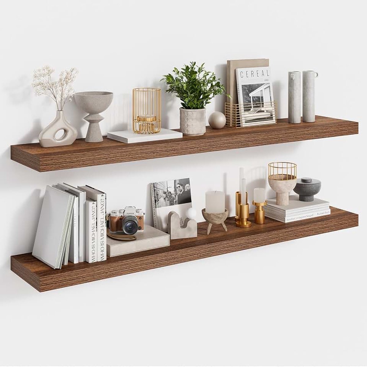 Wandplank, zwevend plank 2-delig, plank 90 cm breed, wandplank 16,5 cm diep, wandplanken van MDF hout, voor woonkamer, slaapkamer, badkamer, donkerbruin, 90 x 16,5 x 3,1 cm