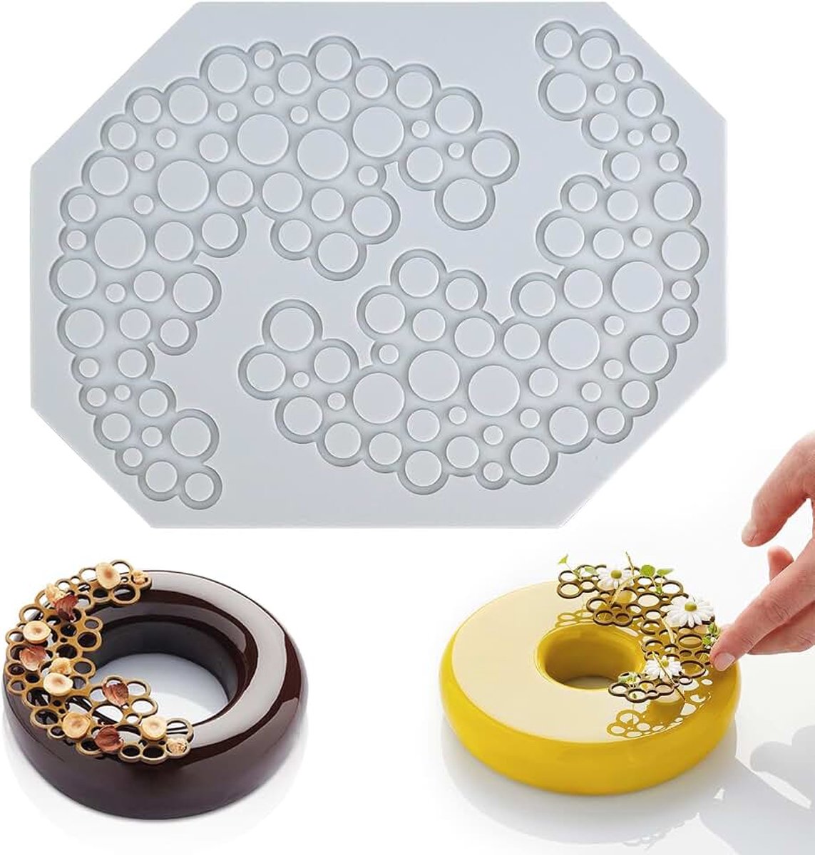 Kanten vormen, siliconen kanten mat, siliconen bakvorm voor fondant, chocolade, suikerpasta, boter, zeep, cake, cupcake (2 ringgaten)