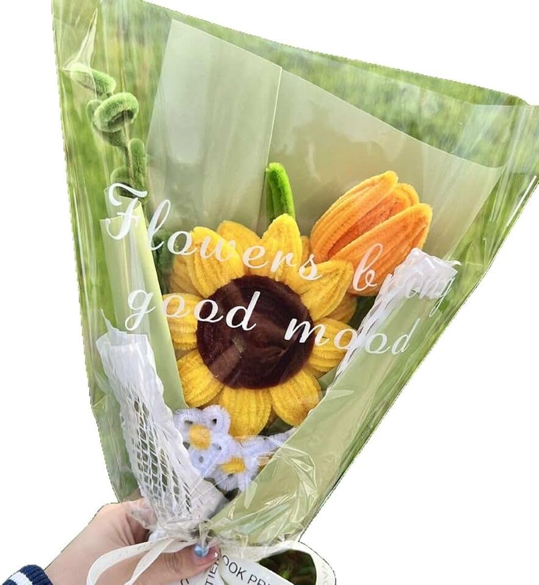 Bloemenboeket DIY set zonnebloem ca.60 stuks chenillestokjes met florist tape honingraatpapier, knutselpakket incl. steel lint geschenkverpakking