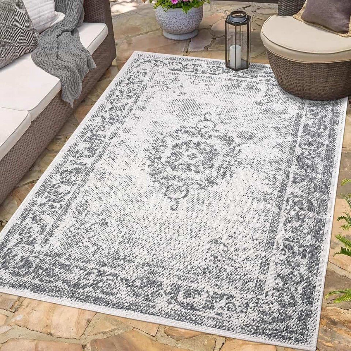 Carpet city Indoor & outdoor tapijt grijs - omkeerbaar tapijt - 160x230 cm - ornamenten - weerbestendig voor balkon terras - moderne tapijten voor binnen woonkamer keuken