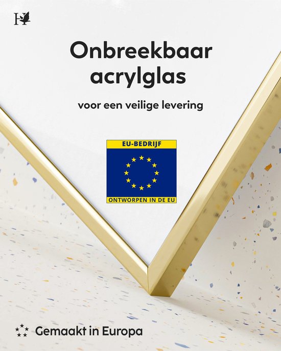 Gouden fotolijst met acrylglas, met een EU-certificaat. Gemaakt in Europa.