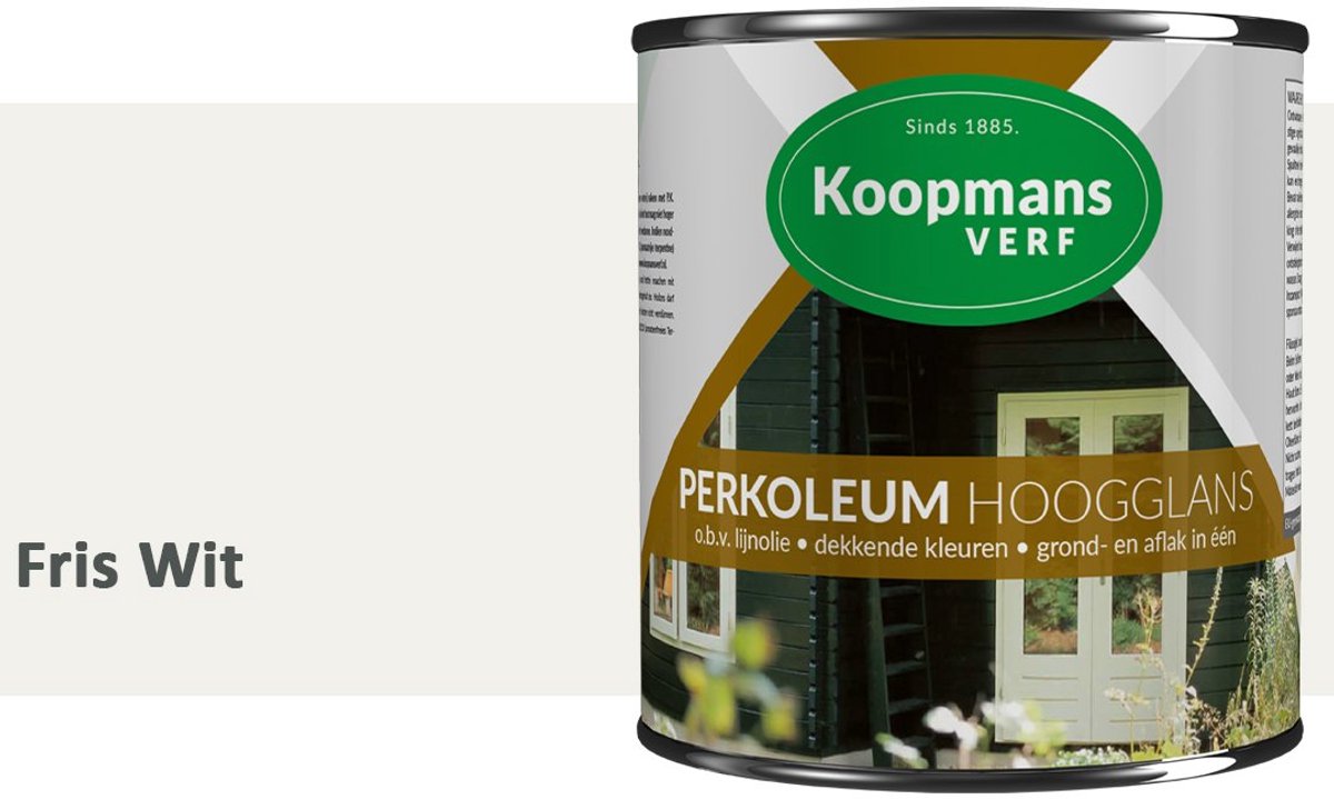 Koopmans Perkoleum Hoogglans Dekkend – Fris Wit – 2,5 l – Dekkende Beits Buiten – Schutting, Gevel & Tuinhout