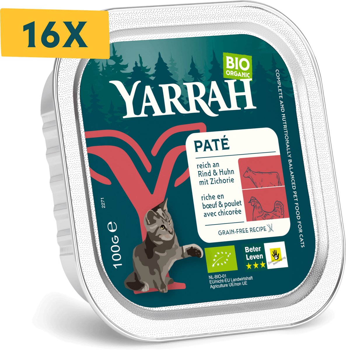 Yarrah Bio Kattenvoer Paté Rund & Kip - 16 x 100 gr - Voordeelverpakking