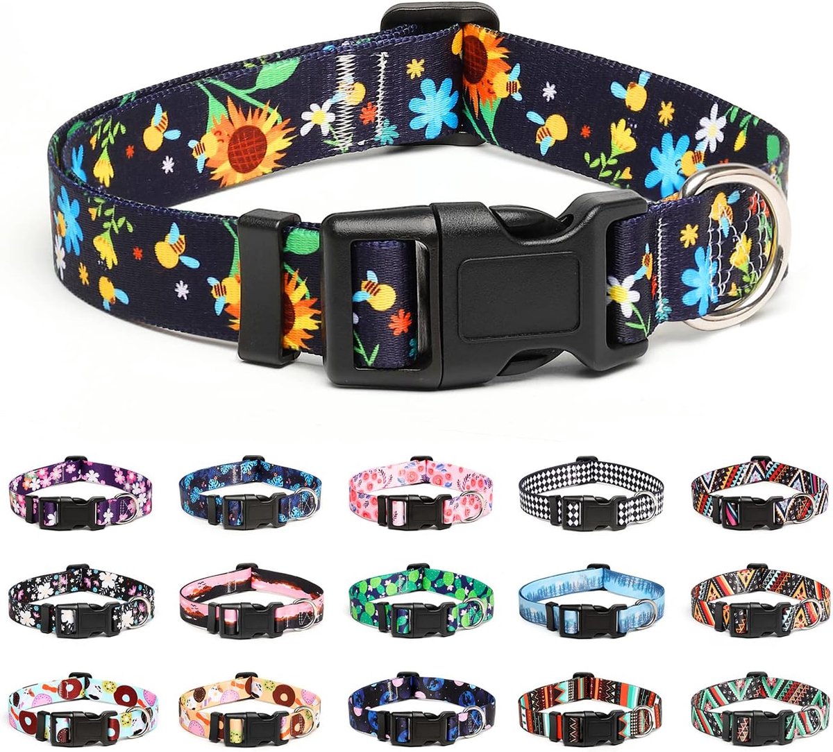 Verstelbare hondenhalsband - speciale ontwerpen, zachte comfortabele duurzame nylon halsband voor kleine, middelgrote en grote honden, M, zonnebloem