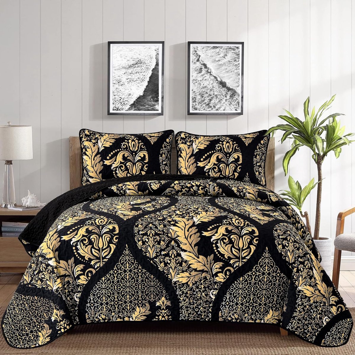 Dekbedovertrekset Queen Size, Boho Gold Damast Sprei Coverlet Set Zachte Lichtgewicht Microfiber Luxe Beddengoed Set 3 Stuks voor Alle Seizoen (96"x90")