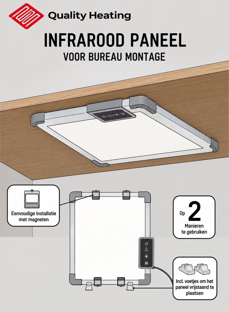 QH infrarood paneel voor montage onder bureau - 75 watt - 3 warmte standen - Timerfunctie - infrarood verwarming - Gericht bijverwarmen – foto 2