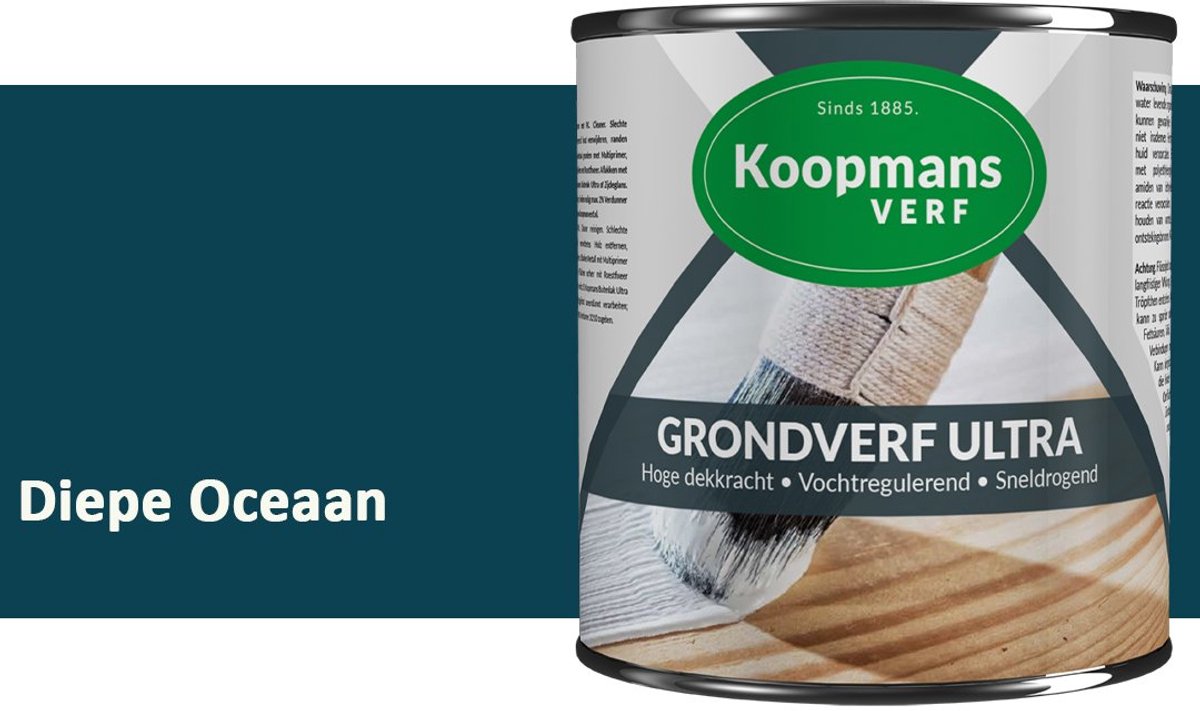 Koopmans Grondverf Ultra – Grondverf Hout & Metaal Binnen en Buiten – Vochtregulerende Primer – Hoge Dekking – Zijdeglans – Diepe Oceaan – 1,5 l