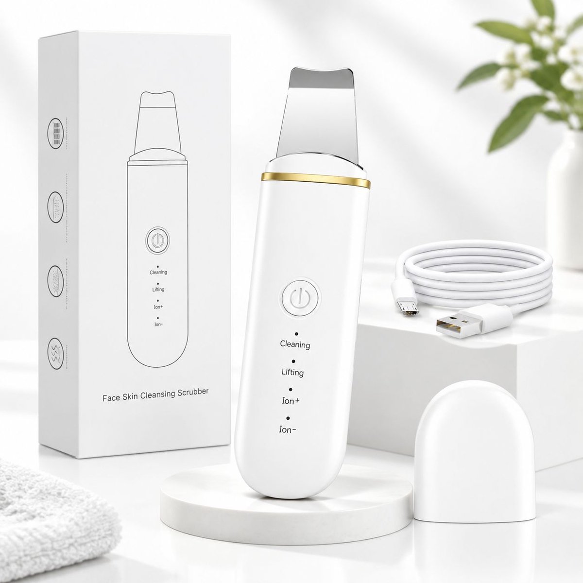 VHV - Gezichtsreiniger - Mee-eter verwijderaar - Skin scrubber - Rimpels verzachten - Ultrasoon Huidverjongingsapparaat - Reiniging, Hydratatie & Versteviging - Wit - Facelift apparaat