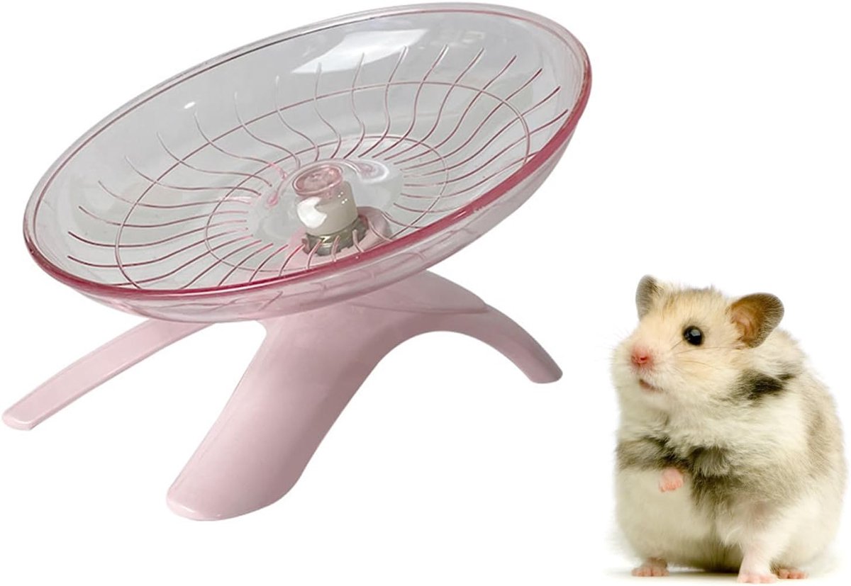 Hamster met vliegschijfwiel, stille hamster van kunststof, looiwiel, met steunframe, transparant wiel, voor kleine dieren, voor kleine muizen, stressvrijgave, roze