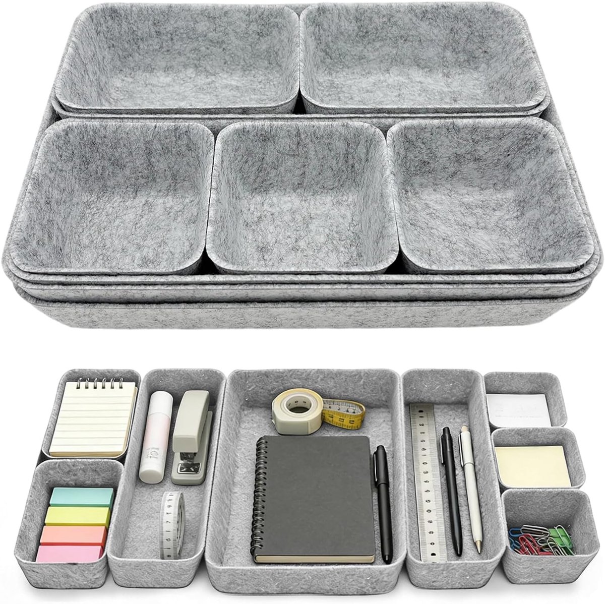9 stuks lade-organizer, vilt, lade-organizer, opbergsysteem, stapelbare vilten opbergdozen, aparte lade-organizerset voor lade, kast, bureau, kantoor en thuis (lichtgrijs)