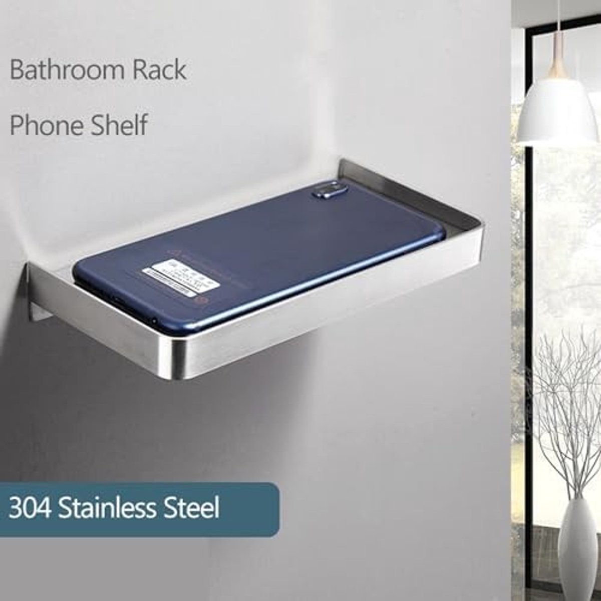 Multifunctionele Wandplank met Telefoonhouder van RVS, 7.3 x 9 cm, Ideaal voor Badkamer, Keuken en Slaapkamer, Ruimtebesparend en Stijlvol