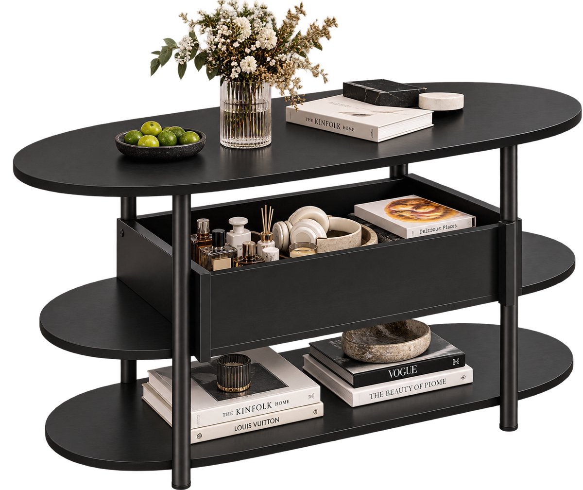 Bresht Salontafel - Bijzettafel - Verstelbaar lift-top tafelblad - Verborgen opbergruimte - Stevig - Zwart - 106 x 45 x 50 cm