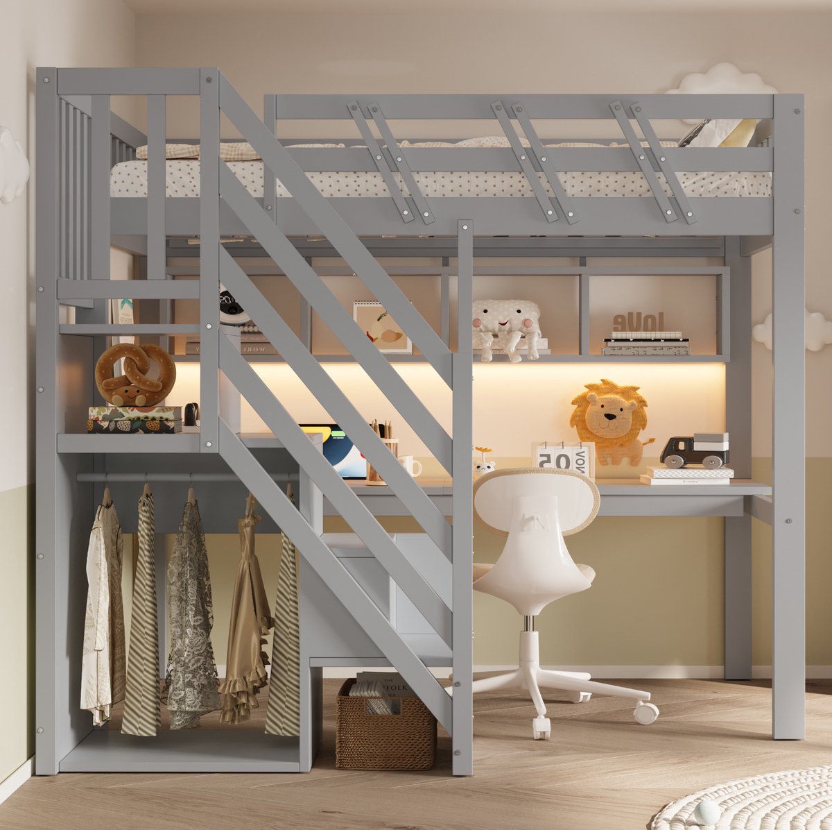 MODENUIT Hoogslaper – Bureau en Opbergruimte – 90 x 200 cm – Hout en MDF – Grijs – Met LED en Trap – Kinderbed