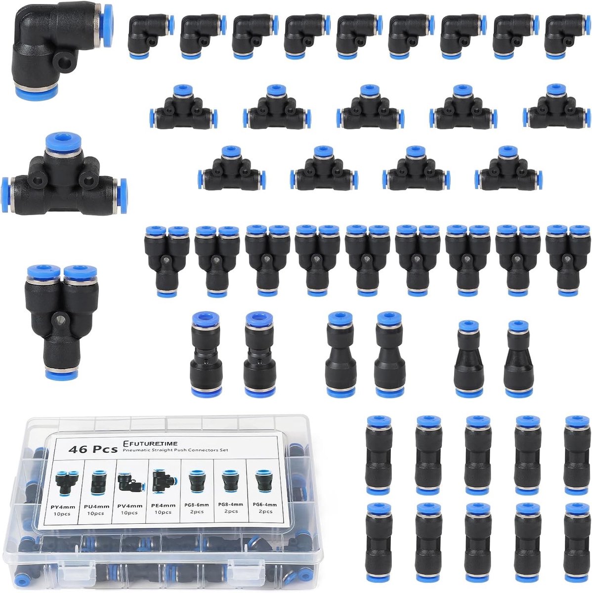 Kit met pneumatische koppelingen voor 4mm slang, rechte en gebogen snelkoppelingen, Y, T en reducties 4-6/4-8/6-8 (46 stuks) voor efficiënt gebruik in diverse toepassingen