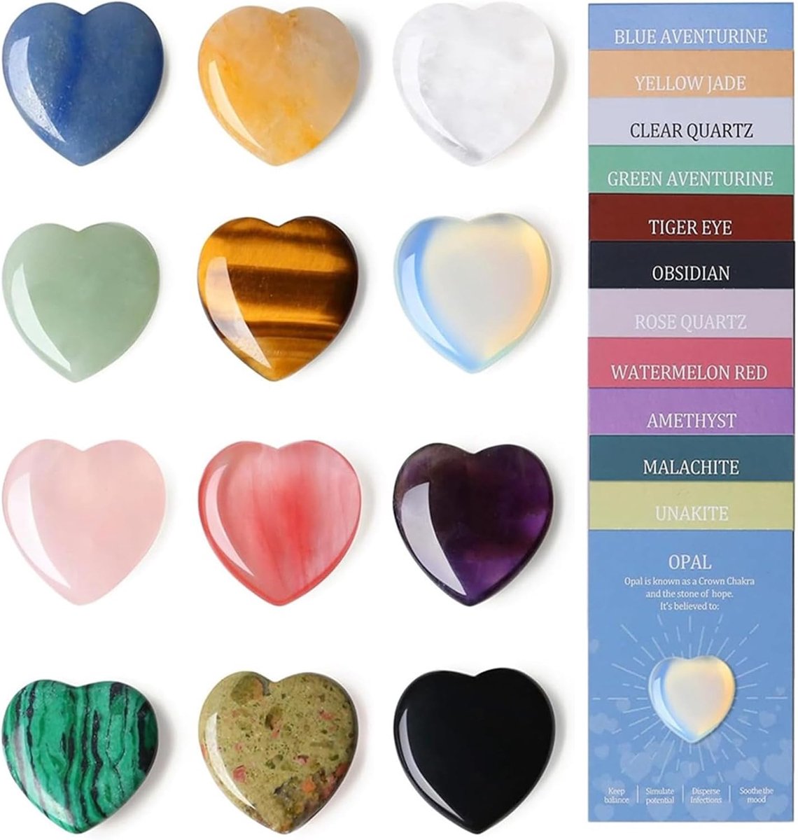 Edelsteen hartvormige kristallen, set van 12, gepolijste zorgstenen, voor huisdecoratie, sieraden maken en cadeau geven
