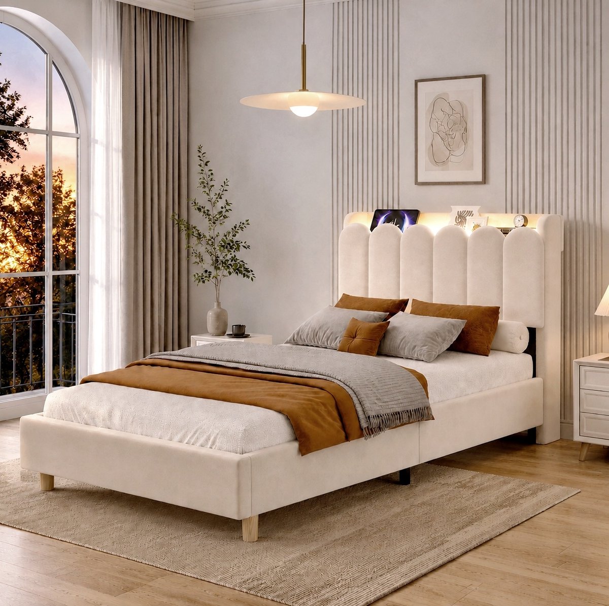 MODENUIT Bed – Ingebouwd Nachtlicht – 90 x 200 cm – Fluweel en Hout – Beige – Met Lattenbodem, USB- en Type-C-poorten