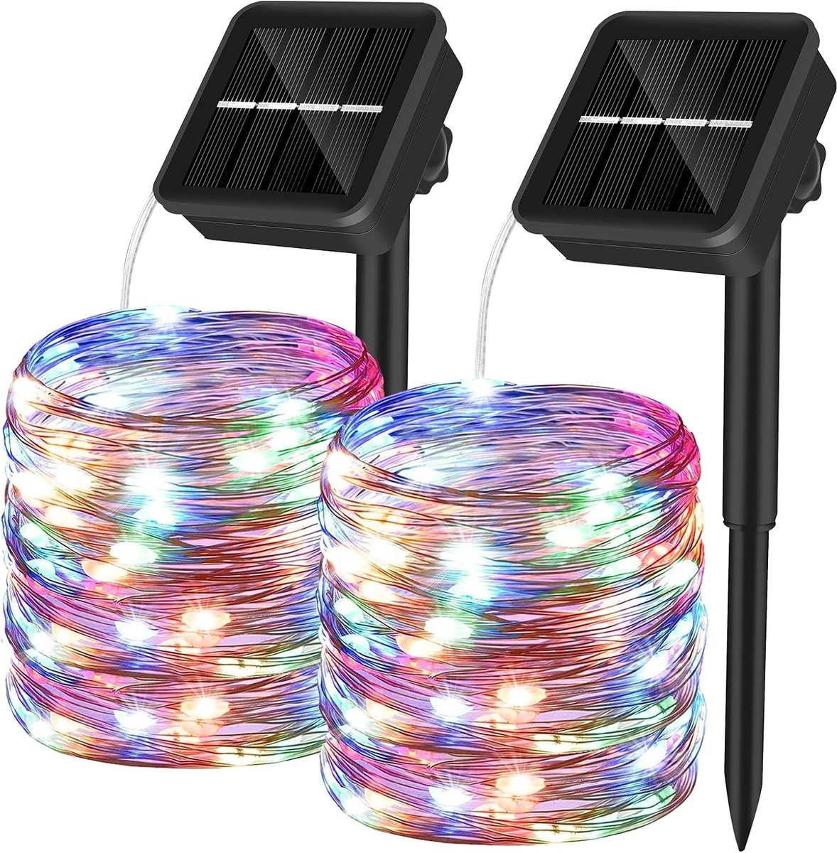 Solar Fairy Lights Buiten 10 m 100 LED Waterdicht 8 Modi Koperdraad Sfeerverlichting voor Kerst, Feest, Tuin en Bruiloft, 2 Stuks, Multikleurige Decoratie