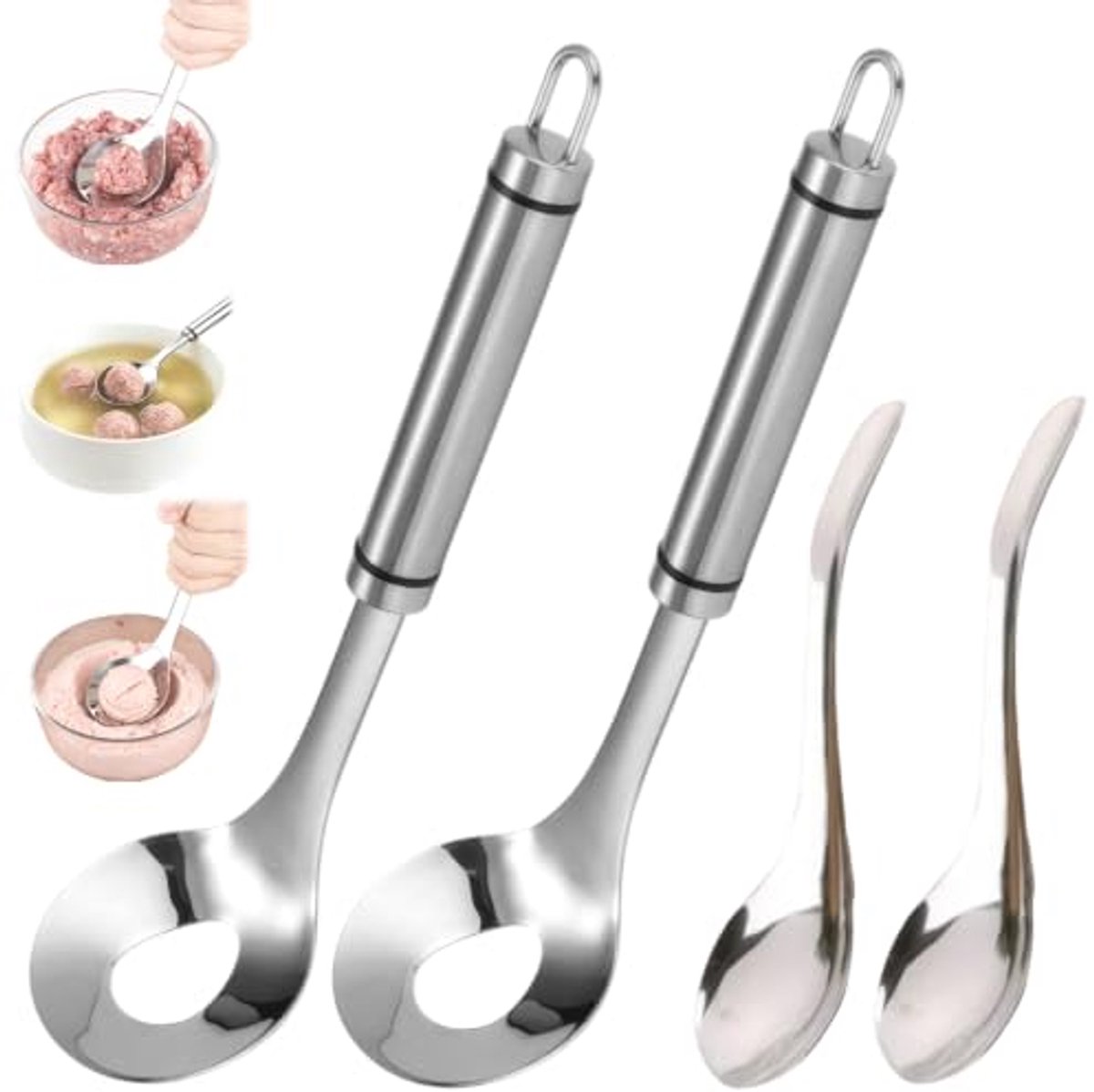 RVS Gehaktbal Maker - Gehaktbal Lepel Set - Roestvrijstalen Gehaktbal Vormer met Gaatjes - Lange Steel Handige Keuken Tool - Geschikt voor Vleesballen, Garnalen, Groenteballen, Rijstballen-Ophanghaak - Eenvoudig in Gebruik en Schoon te Maken