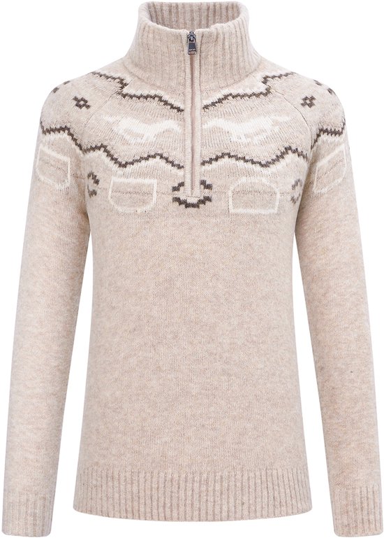 Beige HV Polo trui met hoge kraag, kwart rits en een bruin en wit Nordic patroon op de schouders.