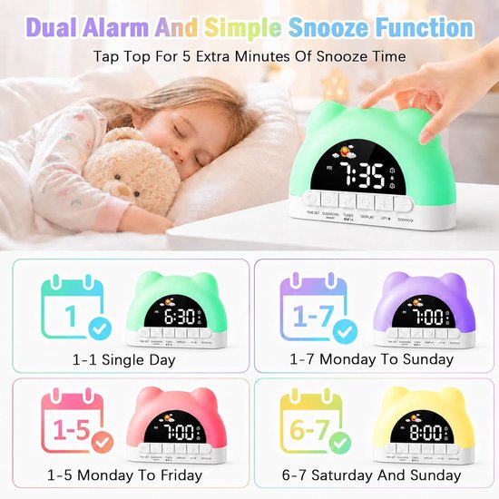 Kinderwekker - Lichtwekker - Digitale Wekker met Lamp - Lichtwekker - Snooze Functie - 12/24H - voor Meisjes Jongens Tieners Slaapkamer — afbeelding 5