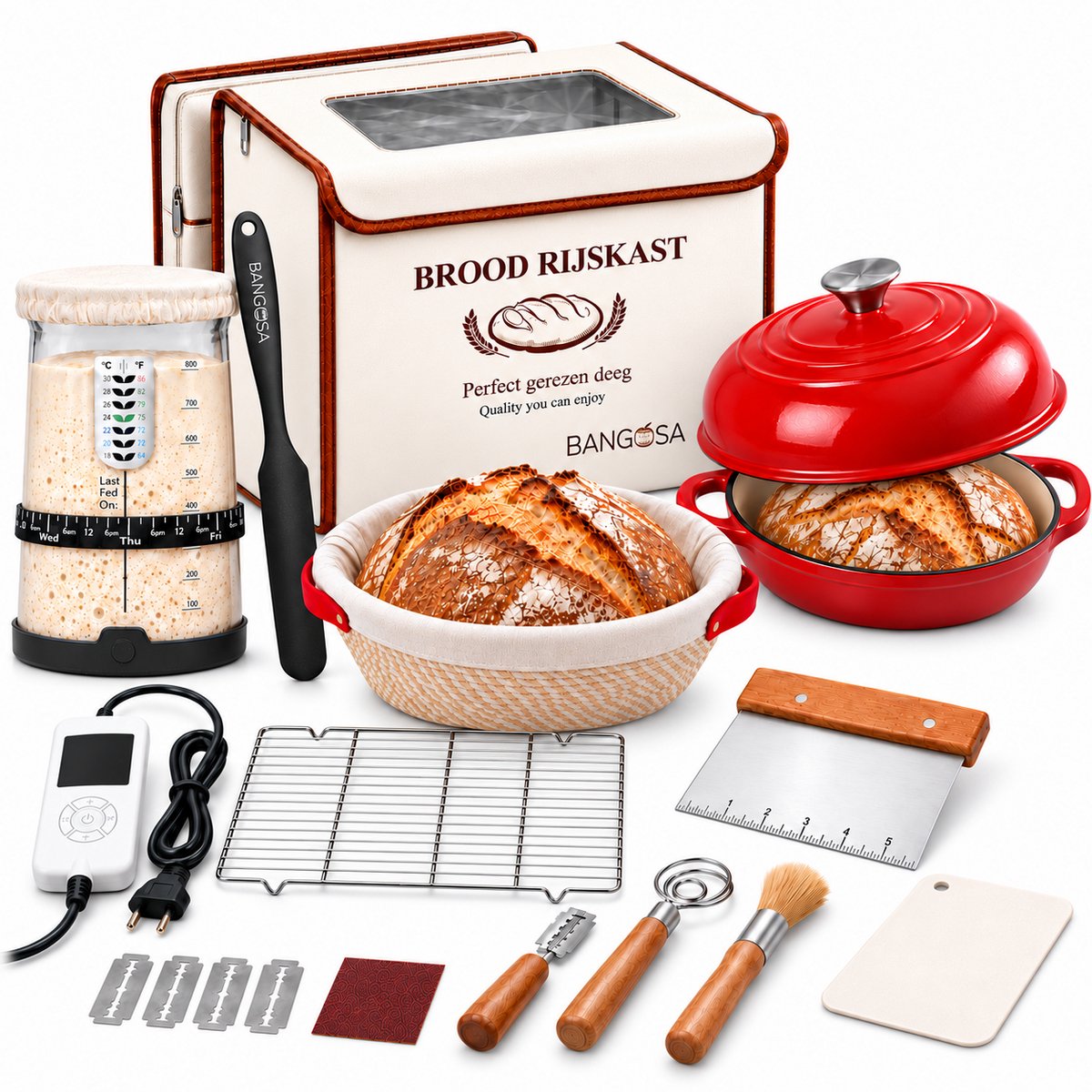 Bangosa Zuurdesem Starter Set Compleet – Broodbakset met Elektrische Rijskast, Broodpan Gietijzer 5,7L Dutch Oven, Banneton Rijsmand, Fermentatiepot & Deeggereedschap