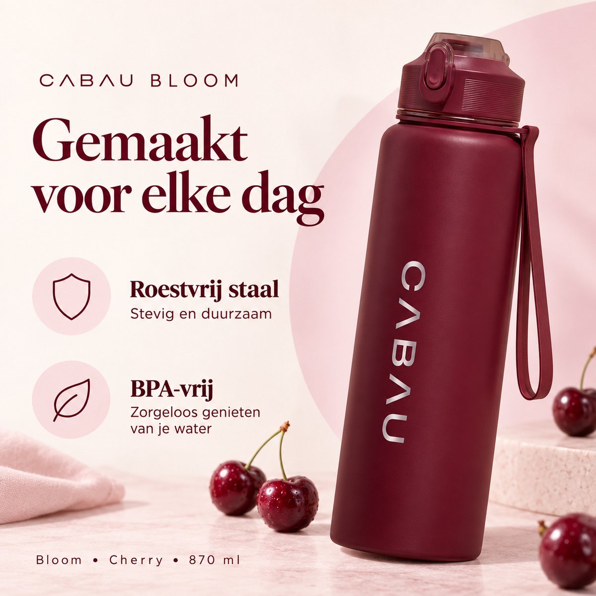 Cabau – Bloom Waterfles Staal – 870 ml – Cherry – Roestvrijstalen Drinkfles met Rietje – BPA-vrij & Lekvrij – Thermosfles voor Sporten, Werk en Onderweg — cadeau in Sport & Outdoor - foto 2