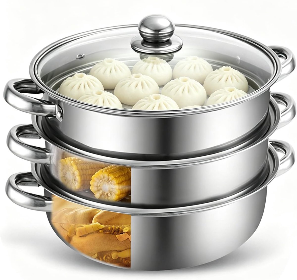 Stoomkoker - 3-laags - RVS - Ø28cm - Glazen Deksel - Inductie