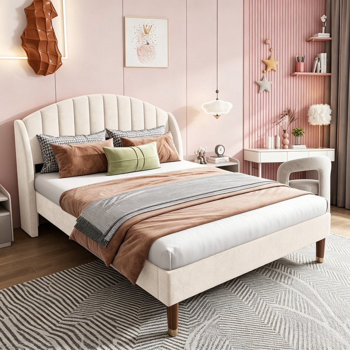 ROSAHQNDA Tweepersoonsbed 140x190 cm, gestoffeerd bed met hoofdbord en lattenbodem, fluweel, beige, zonder matras