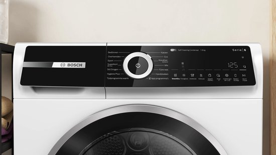 Bovenzijde van een witte Bosch Serie 6 warmtepompdroger met zwart bedieningspaneel en Bosch-logo.